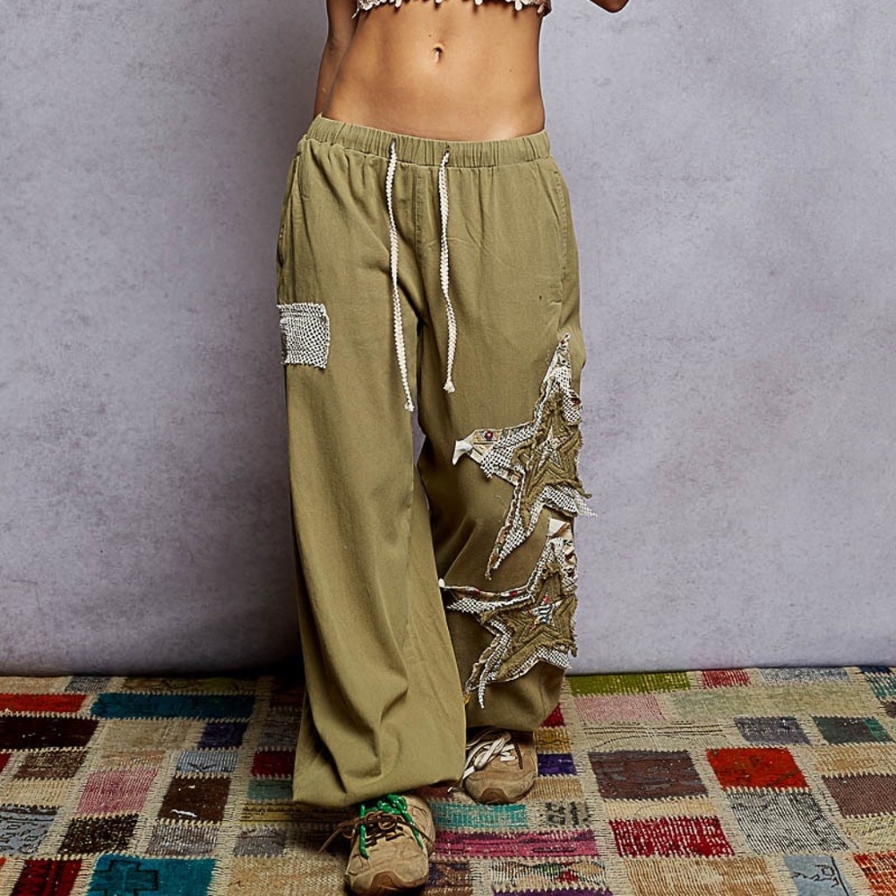 POL Olive Green Embellished Wide-Leg Track Pants